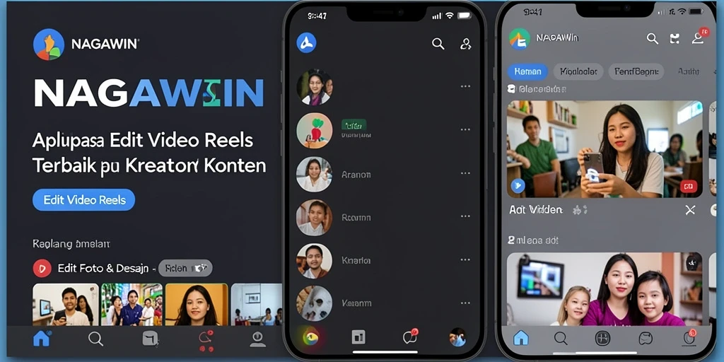 Antarmuka aplikasi NAGAWIN yang user-friendly dan fitur Edit Video Reels yang kaya.